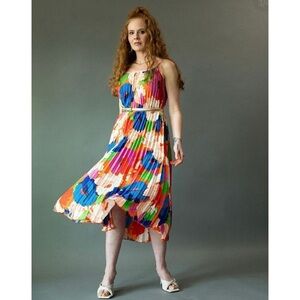Sam Edelman Retro multicolor floral plisse sleeveless pleated midi dress size XL